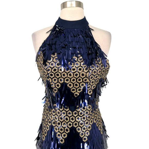 L'Atiste Metallic Halter Honeycomb Dress Blue Gold Size Medium NWT - Picture 3 of 11